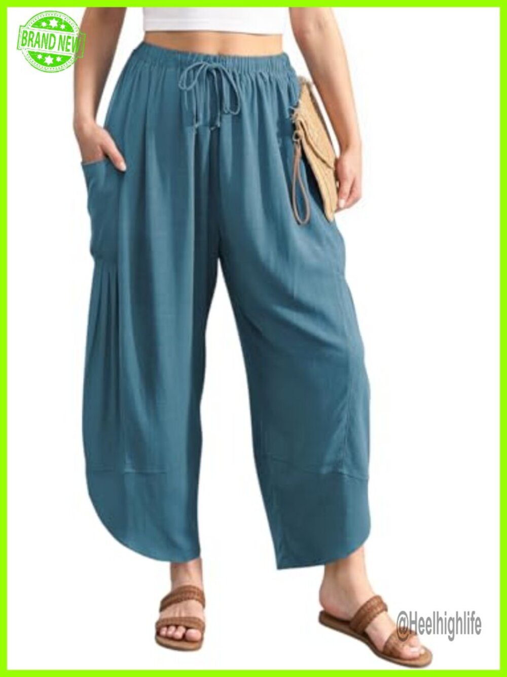 Linen Blend Harem Pants Drawstring Elastic Waist with Pockets